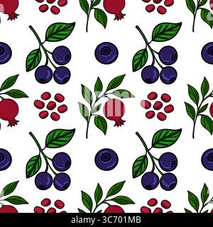 Nahtloses Vektormuster von Heidelbeeren, Granatäpfeln und Granatapfelsamen, eine lebendige Illustration mit handgezeichnetem Stil und satten Farben für des Stock Vektor