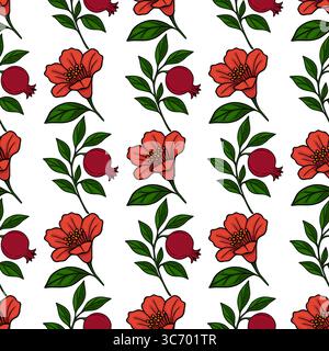 Nahtloses Vektormuster aus stilisierten Granatapfelblüten und Früchten, ein lebendiges Design mit satten roten Blüten und tiefroten Granatäpfeln gegen ein c Stock Vektor
