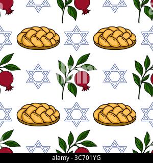Nahtloses Vektormuster mit Challah-Brot, Granatäpfeln und Star of David-Symbolen, perfekt für Rosch-Hashanah-Feiern oder Desi mit jüdischem Thema Stock Vektor