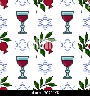Nahtloses Vektormuster mit Granatäpfeln, Weinbechern und Star of David-Symbolen, ideal für Rosch-Hashanah-Feiern oder jüdische Designs. Stock Vektor