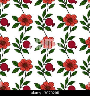 Nahtloses Vektormuster aus stilisierten roten Blumen und Granatäpfeln, perfekt für Rosh Hashanah- oder Herbstmotive, mit einer lebendigen Farbpalette und i Stock Vektor