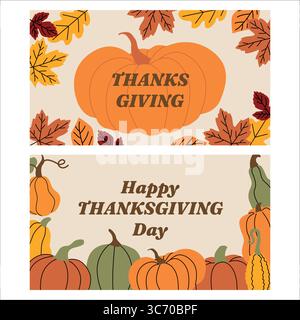 Flacher Illustrationssatz mit Thanksgiving-Karten mit Kürbissen, Kürbissen und Herbstblättern. Warme Herbstfarben und festliche Typografie. Ideal für Urlaub Stock Vektor