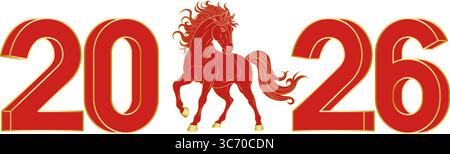 Rote dreidimensionale Zahl 2026 und Pferd Stock Vektor