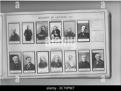 SAMMLUNG FELIX POTIN HOMMES DE LETTRES (oberste Reihe l-r) FRANKREICH: Deroulede (Paul) - Donnay (Maurice) 1860 1838-1901 1806-1881 - Drumont (Edouard) 1844 1822-1896 - Dumas Pere (Alexandre) 1803-1870 - Dumas Fils (Alexandre) 1824-1895 - Duruy (Victor) 1811-1894 HOMMES DE LETTRES (unterste Reihe l-r) FRANKREICH: Feuillet (Octave) 1821-1890 - Feydeau (Geroges) 1863 - Foulot (1862 - Foulot de Giron (1844) FRANKREICH - Foulot de de Girl (1846 - Foulot Stockfoto