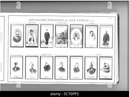 SAMMLUNG FELIX POTIN SOUVERAINS ETRANGERS & LEUR FAMILLE (oberste Reihe l-r) ESPAGNE: Alphonse XII (ROI d'Espagne) 1857-1885 - Marie-Christine (reine d'Espagne) 1858 - Alphonse XIII (ROI d'Espagne) 1886 ETATS-UNIS: Mac-Kinley (William) 1844-1901 GRECE 1868: Georges I (ROI Gredes Hellenes) 1845 - Olga (reine des Hellenes) 1851 - Royal de Hellenes (RE) Georges (Prince de Grece) 1869 - Nicolas (Prince de Grece) 1872 - Marie (Princesse de Grece) 1876 - Andre (Prince de Grece) 1882 - Christophe (Prince de Grece) 1888 ITALIE: Victor-Emmanuel II (ROI d'Italie) Stockfoto