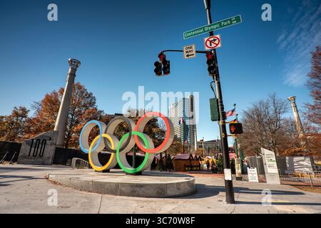 Atlanta Georgia Springbrunnen im Zentrum der Olympischen Ringe Stockfoto