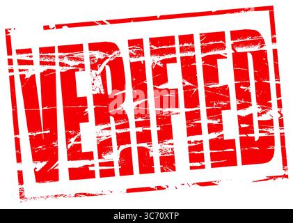 Digitales Composite. Roter Gummistempel - überprüft. Überprüfen, verifiziert, Alter, Grenze, Kontrolle, Prüfung, Identifizierung, Grenzen, Einschränkungen, Internet, Stockfoto
