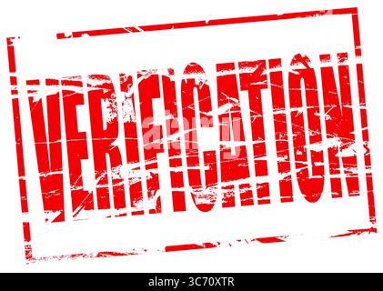 Digitales Composite. Roter Gummistempel - Verifizierung. Überprüfen, verifiziert, Alter, Grenze, Kontrolle, Prüfung, Identifizierung, Grenzen, Einschränkungen, Internet, Stockfoto