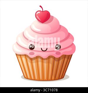 Niedliche Kawaii Cupcake Figur im Cartoon Stil. Lächeln Essen rosa Mousse Dessert mit Kirsche und Creme in süßem Vektor Design. Ideal für Partymenü oder Stock Vektor