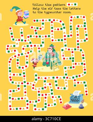 Elfen bereiten sich auf Weihnachten vor. Puzzle für Kinder. Kinderspiel Labyrinth für Design. Vektorabbildung. Stock Vektor
