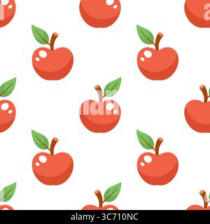 Niedlicher roter Apfel mit grünem Blattmuster. Vektor Hand gezeichnete Zeichentricktextur. Apfel im Cartoon-Stil. Isoliert auf weißem Hintergrund. Flaches Design Stock Vektor