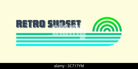 Farbenfroher Sonnenuntergang im Vintage-Stil. Verschiedene gestreifte Sonnenaufgangsabzeichen im Stil der 80er und 90er Jahre. Blick auf Sonne und Meer, Sommerstimmung, Surfen. Designelement für Stock Vektor
