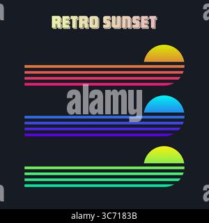 Farbenfroher Sonnenuntergang im Vintage-Stil. Verschiedene gestreifte Sonnenaufgangsabzeichen im Stil der 80er und 90er Jahre. Blick auf Sonne und Meer, Sommerstimmung, Surfen. Designelement für Stock Vektor