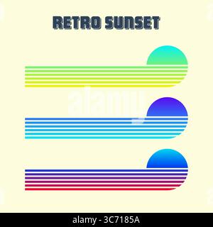 Farbenfroher Sonnenuntergang im Vintage-Stil. Verschiedene gestreifte Sonnenaufgangsabzeichen im Stil der 80er und 90er Jahre. Blick auf Sonne und Meer, Sommerstimmung, Surfen. Designelement für Stock Vektor