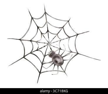 Halloween süßes schwarzes Spinnennetz mit Spinne. Handgezeichnete Aquarellillustration für Kinder. Perfekt für Dekorationen, Karten und Bastelarbeiten zur Feier des Stockfoto