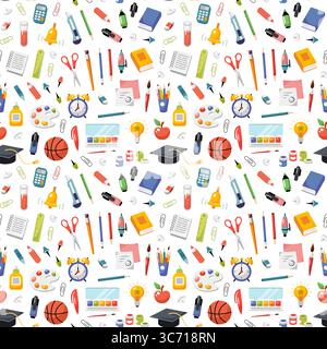 Nahtloses Back-to-School-Muster. Back-to-School-Konzept. Illustration des Zeichentrickvektors. Textur für Schulelemente. Studieren Sie Textildesign Stock Vektor