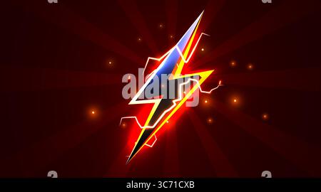 3D-Blitzsymbol mit Neoneffekt, isoliert auf dunklem Hintergrund. Elektrischer Gewitterbolzen. Symbol für Energie, Leistung und Geschwindigkeit. Vektorabbildung Stock Vektor