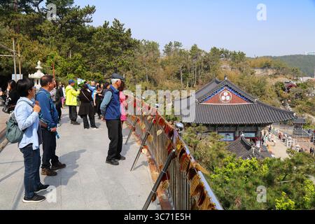 BUSAN, SÜDKOREA - 29. MÄRZ 2023: Touristen und Pilger besuchen den Haedong Yonggungsa Tempel am Meer in Busan, Südkorea. Stockfoto