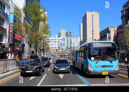 BUSAN, SÜDKOREA - 27. MÄRZ 2023: Stadtbus der Marke Hyundai, öffentliche Verkehrsmittel in Busan, Südkorea. Stockfoto