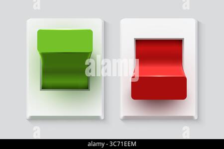 Satz realistischer Kippschalter in ein- und aus-Stellung. Kunststoffknopf. Vektorabbildung Stock Vektor