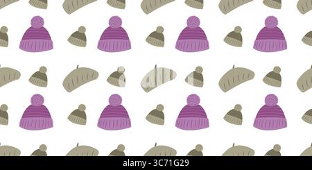 Nahtloses Muster von Herbstbekleidung, einschließlich Kappen oder Hüten in flachem Stil. Handgezeichnete Vektorillustration für Poster, Banner und Social-Media-Beiträge Stock Vektor