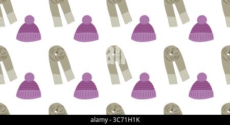 Nahtloses Muster im Herbst mit Schals und Kappen im flachen Stil. Herbstvektorillustration für Branding und soziale Medien Stock Vektor