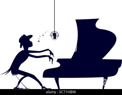 Der Mann spielt Klavier und singt. Mann spielt Klavier und singt. Schwarzweiß-Illustration Stock Vektor