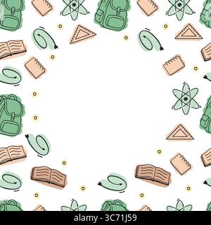 Back to School rechteckiges Banner mit Kritzelskizze-Set mit pädagogischen Elementen. Schulhintergrund mit Platz für Text. Bunte Vektorkritzeleien mit Schulelementen. Notebook, Bücher, Rucksack. Vektor-Illustration für Studium, Schule, Universität Stock Vektor