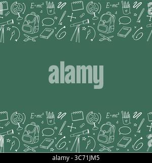 Zurück zur Schule. Abstrakte Tafel. Nahtloses Randmuster mit Schulutensilien im Doodle-Stil auf grünem Hintergrund. Skizzenhafter Hintergrund mit handgezeichneten Schulelementen. Design für Ihr Unternehmen. Vektorabbildung Stock Vektor