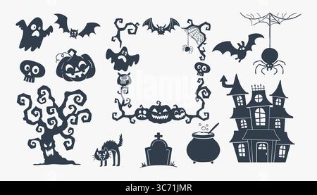 Halloween-Silhouetten. Niedliches, von Hand gezeichnetes, isoliertes Design-Set, perfekt für Stickerdesigns, Partyeinladungen, Drucke und Bastelprojekte. Vektorillu Stock Vektor