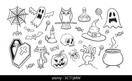 Halloween Doodle Set. Niedliche, handgezeichnete Stylenkunst. Perfekt für Hintergrunddesigns, Partyeinladungen, Drucke und Bastelprojekte. Vektorillustr Stock Vektor
