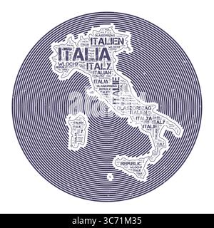 Vektorbild Italien. Country Round-Logo-Design. Italien-Poster in Kreisbögen und Wortwolken-Stil. Künstlerische Vektorillustration. Stock Vektor