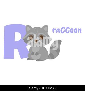 Lustiger Baby-Waschbär, der neben einem großen Buchstaben R in Pastellfarbe sitzt und für Bildung oder Kinderzimmer entwickelt wurde Stock Vektor