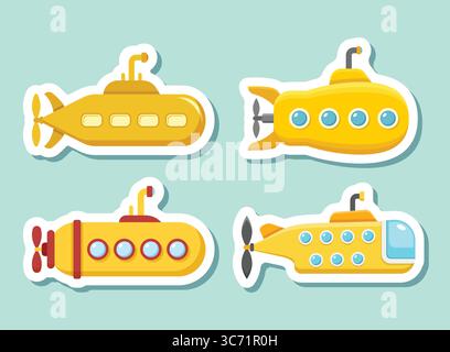 Symbol für Unterwasseraufkleber legt die Callektion flach fest. Bathyscaphe-Vektorillustration auf isoliertem Hintergrund. Unterwasser-Transportschild für Business Concept Stock Vektor