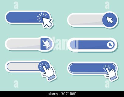 Klicken Sie hier Leere Banner Aufkleber Symbol Set Collection in flachem Stil. Illustration des E-Commerce-Vektors auf isoliertem Hintergrund. Shopping Button signiert Geschäft Stock Vektor