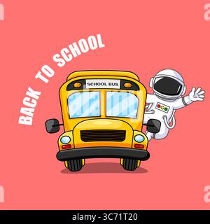 Netter Astronaut zurück zur Schule auf Schulbus Vektor Illustration Cartoon Design Stock Vektor