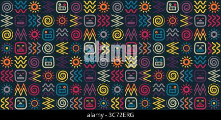 Nahtloses ethnisches Vektor-Muster auf Schwarz. Helles indianermuster mit Navajo-Stoffmuster. Retro-Webseiten füllen nahtloses einheimisches Geschenkpapier aus Aztec Stock Vektor