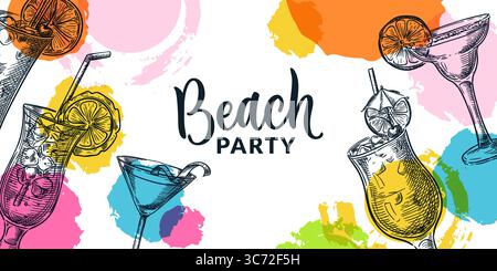 Beach Cocktail Party Banner, Flyer Design. Sommer tropische Cocktails Vektor Hand gezeichnete Skizze Illustration auf Aquarellformen Hintergrund. Farbenfrohe c Stock Vektor