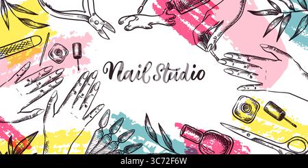 Nail Studio Banner, Poster, Flyer Design. Frauen Hände, Maniküre Werkzeuge, Lacke Vektor Skizze Illustration auf abstraktem Aquarellhintergrund. Schönheit s Stock Vektor