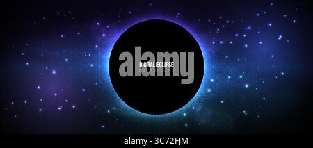 Eclipse Tech moderner Hintergrund. Schwarzes Loch-Banner für den Außenraum. Geometrisches Muster im Retro-Effekt des Sternenhimmels. Das abstrakte Universum der Sternenlichtgalaxie. Stock Vektor