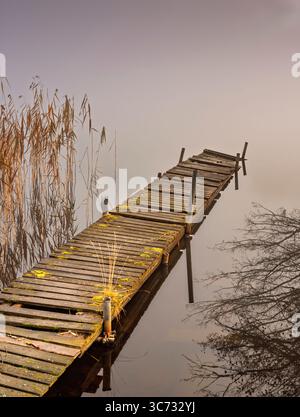 Alter Holzsteg am nebeligen Herbstsee Norasjön, Schweden Stockfoto