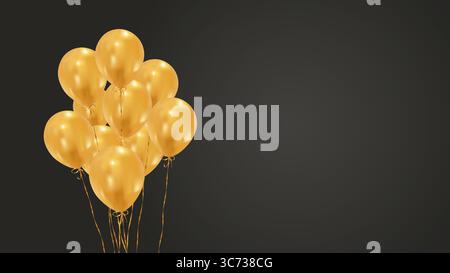Ein Haufen goldener Ballons auf schwarzem Hintergrund. Glänzende Ballonbänke feiern, Jubiläum, festliches Banner. Stock Vektor