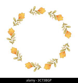 Weicher und eleganter Boho-Blumenkranz mit handgezeichneten orangefarbenen Blumen und Blättern, ideal für Herbstbasteln, Dekor oder Einladungen. Stock Vektor