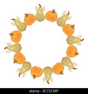 Bezaubernder Kranz im Boho-Stil mit Kürbissen und Birnen in Erdfarben, perfekt für Herbstdekor, Karten oder Thanksgiving-Designs. Stock Vektor
