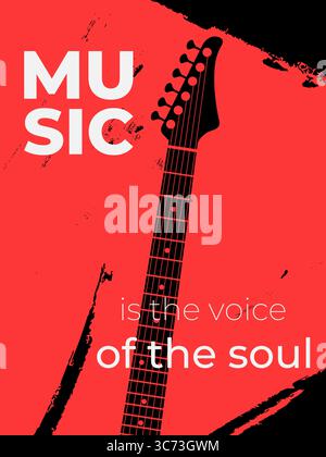 Vektor minimalistisches Musik-Poster-Design mit elektrischer Gitarre Silhouette auf einem roten Grunge-Hintergrund. Inspirierendes Zitat Musik ist die Stimme der Seele Stock Vektor