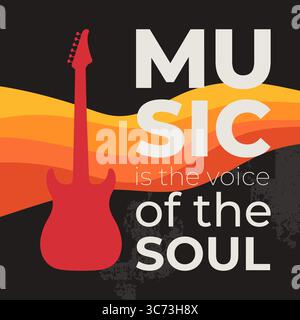 Vektor Grunge minimalistisches Musik-Poster mit elektrischer Gitarre Silhouette auf einem welligen Feuerhintergrund. Inspirierendes Zitat Musik ist die Stimme der Seele Stock Vektor
