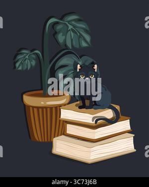 Gemütliche schwarze Katze, die auf einem Stapel Bücher in der Nähe eines Terrakotta-Pflanztopfes sitzt, umgeben von üppigen grünen Blättern. Niedliche Zeichentrickillustration Stock Vektor