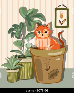 Gemütliche orangene Tabbykatze, die in einem Terrakotta-Pflanztopf sitzt und von üppigen grünen Blättern umgeben ist. Niedliche Zeichentrickillustration Stock Vektor
