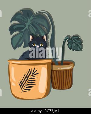 Gemütliche schwarze Katze, die in einem Terrakotta-Pflanztopf sitzt, umgeben von üppig grünen Blättern. Niedliche Zeichentrickillustration Stock Vektor
