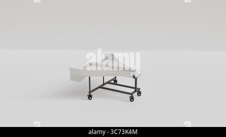 Unbemanntes Luftfahrzeug steht auf einem Stand auf weißem Hintergrund, 3D-Modell der Drohne für Krieg, Terrorismus und Drohnenkrieg Stockfoto